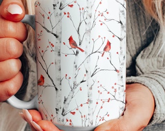 Birch Tree Cardinals Mug, Beautiful Red Cardinals in Aspen Branches Ceramic Mug, Condolence Gift, Cardinal Memorial Mug, Bird Watcher Gift