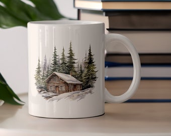 Snowy Winter Log Cabin Ceramic Mug, Watercolor Cabin in the Woods Coffee Cup, Cozy Mountain Cabin Tea Cup, Winter Cabin in the Snow Mug