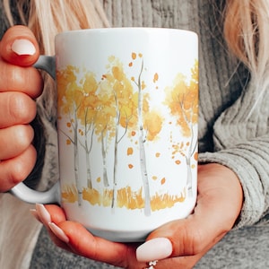Autumn Leaves Ceramic Mug, Fall Colors Coffee Cup, Beautiful Autumn Forest Tea Cup, Birch Trees Gift for Her
