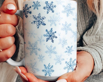 Winter Snowflakes Ceramic Mug, Blue Snowflakes Christmas Pattern Coffee Cup, Beautiful Hot Chocolate Tea Cup Design
