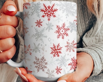 Winter Snowflakes Ceramic Mug, Red and Silver Snowflakes Christmas Pattern Coffee Cup, Beautiful Hot Chocolate Tea Cup Design
