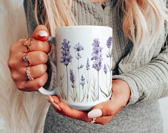Pressed Purple Watercolor Lavenders Mug, Beautiful Boho Flowers, Cottagecore Coffee Mug, Floral Tea Cup, Garden Lover Mug, Gift for Her