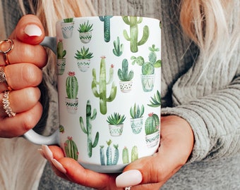 Cute Cactus Mug, Watercolor Cacti Ceramic Mug, Cactus Lover Coffee Cup, Cactus Enthusiast Gift, Beautiful Succulent Lover Mug