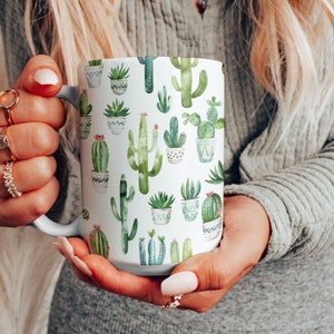 Cute Cactus Mug, Watercolor Cacti Ceramic Mug, Cactus Lover Coffee Cup, Cactus Enthusiast Gift, Beautiful Succulent Lover Mug