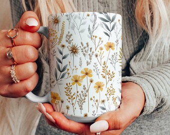Golden Wildflowers Mug, Beautiful Yellow Boho Flowers, Cottagecore Coffee Mug, Floral Pattern Tea Cup, Garden Lover Mug, Gift for Her