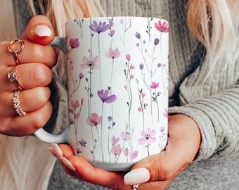 Pink & Purple Flowers Mug, Beautiful Watercolor Flowers Coffee Cup, Pretty Flowers Ceramic Mug, Boho Flowers Mug, Gift For Her