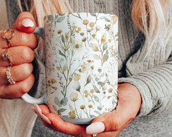 Beautiful Floral Ceramic Mug, Flowers and Greenery Coffee Cup, Watercolor Floral Gift Mug, Cottagecore Aesthetic Mug, Garden Lover Gift