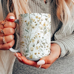 Beautiful Floral Ceramic Mug, Flowers and Greenery Coffee Cup, Watercolor Floral Gift Mug, Cottagecore Aesthetic Mug, Garden Lover Gift