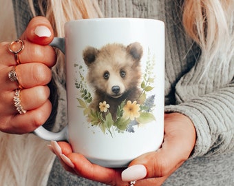 Cute Watercolor Bear with Flowers Ceramic Mug, Brown Bear Cub Floral Coffee Cup, Bear Lover Tea Cup, Adorable Bear Cub Mug, 11 & 15 oz