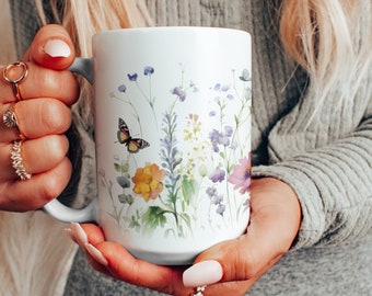 Watercolor Wildflowers Butterflies Mug, Beautiful Boho Flowers, Cottagecore Coffee Mug, Floral Tea Cup, Garden Lover Mug, Gift for Her