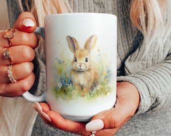 Niedliches Aquarell Kaninchen in Blumen Keramik Becher, entzückende Häschen Blumen Kaffeetasse, hübsche Kaninchen-Liebhaber Becher, niedliches Kaninchen Geschenk, Geschenk für sie