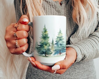 Watercolor Christmas Trees Ceramic Mug, Evergreen Trees Holiday Gift Coffee Cup, Christmas Present Tea Cup