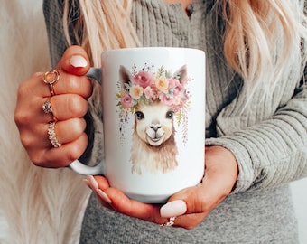 Cute Llama & Flowers Ceramic Mug, Pretty Llama Floral Coffee Cup, Llama Lover Tea Cup, Llama Owner Mug, Llama Gift, Watercolor Llama Design