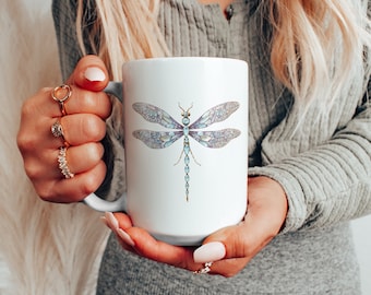 Beautiful Jeweled Dragonfly Ceramic Mug, Purple Blue Pink Dragonfly Tea Cup, Insect Lover Coffee Cup, Gift for Her, 11 & 15 oz