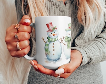 Cute Watercolor Snowman Family Ceramic Mug, Snowmen Holiday Gift Coffee Cup, Christmas Present Tea Cup, Festive Hot Cocoa Mug, 11 & 15 oz