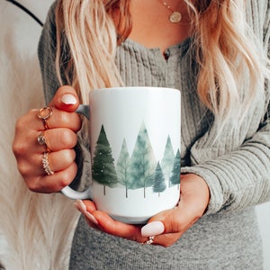 Christmas Trees Ceramic Mug, Snowy Evergreens Coffee Cup, Christmas Tree Design Mug, Christmas Present, Holiday Gift