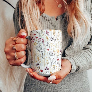 Colorful Wildflowers Mug, Beautiful Golden Boho Flowers Pattern Mug, Cottagecore Coffee Mug, Floral Tea Cup, Flower Lover Mug, Gift for Her