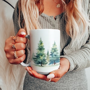 Watercolor Christmas Trees Ceramic Mug, Evergreen Trees Holiday Gift Coffee Cup, Christmas Present Tea Cup