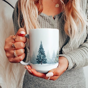 Christmas Trees Ceramic Mug, Snowy Christmas Tree Coffee Cup, Christmas Present Evergreens Tea Cup, Christmas Gift Mug
