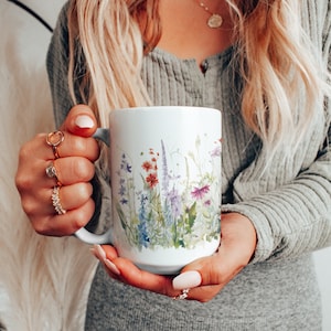 Pressed Watercolor Wildflowers Mug, Beautiful Boho Flowers, Cottagecore Coffee Mug, Colorful Floral Tea Cup, Garden Lover Mug, Gift for Her