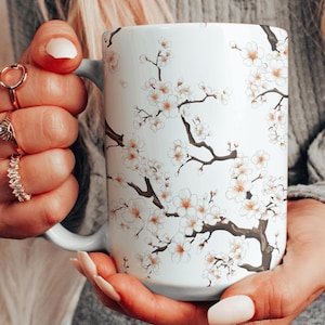 White Cherry Blossoms Ceramic Mug, Cherry Tree Coffee Cup, Japanese Sakura Teacup, Flowering Branches Mug, Blossoming Sakura Gift Cup