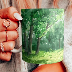 Forest Scenery Ceramic Mug, Beautiful Watercolor Green Forest Coffee Cup, Beautiful Trees Teacup, Forest Clearing Mug, Choose Your Design