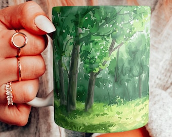 Forest Scenery Ceramic Mug, Beautiful Watercolor Green Forest Coffee Cup, Beautiful Trees Teacup, Forest Clearing Mug, Choose Your Design