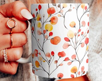 Autumn Themed Coffee Cup, Fall Pattern Ceramic Mug Gift