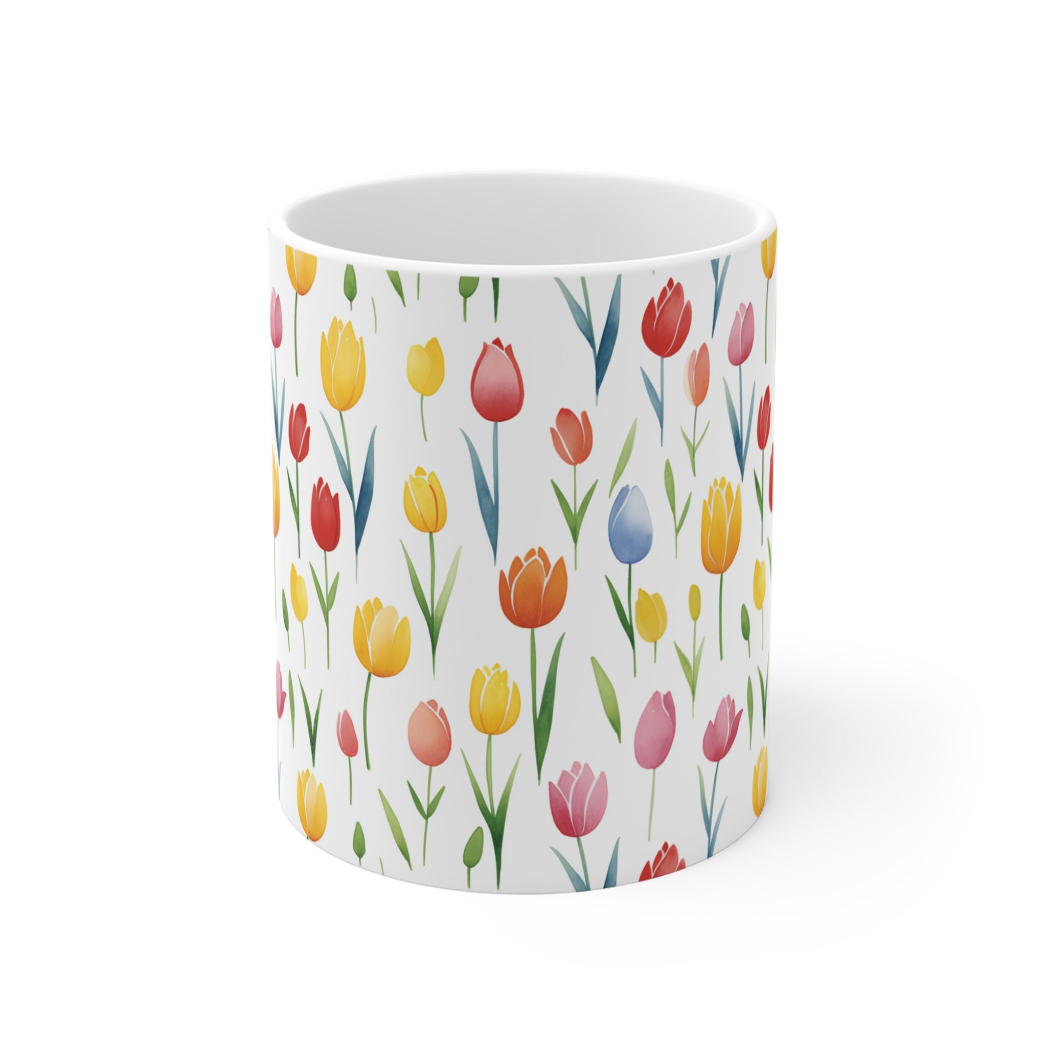 Colorful Watercolor Tulips Pattern Ceramic Mug, Beautiful Tulip Flowers ...