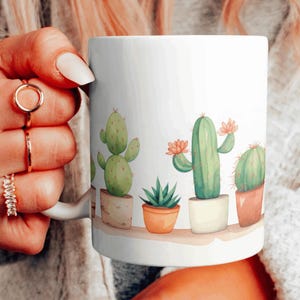 Aquarell Kaktus Keramikbecher, niedliche Kaktus Design Kaffeetasse, Keramikbecher im westlichen Stil, Kaktus-Liebhaber-Geschenk, Wüstenlandschaft-Becher, 11 & 15 Unze