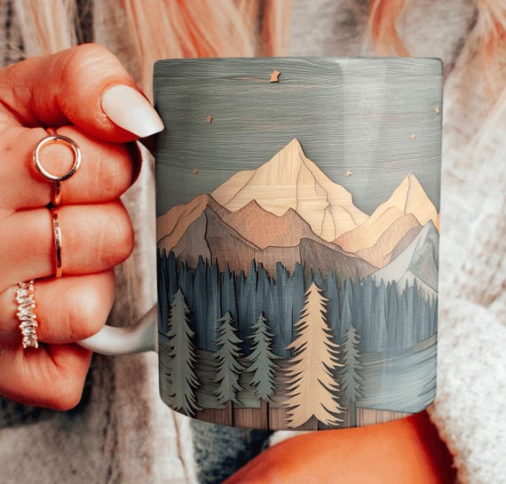 Sunset Scenery Ceramic Mug, Sunset Lover Gift, Faux Layered Wood Mountain Lake Mug, Carved Wood Style Mountain Pines Mug, Choose Your Design