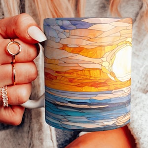 Sunset Scenery Ceramic Mug, Faux Stained Glass Ocean Sunset Coffee Cup, Colorful Ocean Wave Teacup Sunset Lover Gift, Choose Your Design