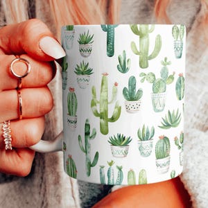 Niedliche Aquarell Kaktus Tasse, Grüner Kaktus Design Kaffeetasse, Keramiktasse im westlichen Stil, Kaktus Liebhaber Geschenk, Sukkulenten Liebhaber Geschenk, 11 & 15 Unze