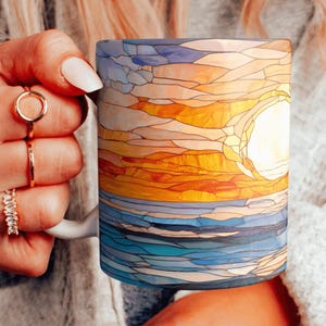Faux Stained Glass Ocean Sunset Mug, Beautiful Blue Ocean Waves Ceramic Mug, Ocean Themed Coffee Cup, Beach House Decor, Choose Your Design