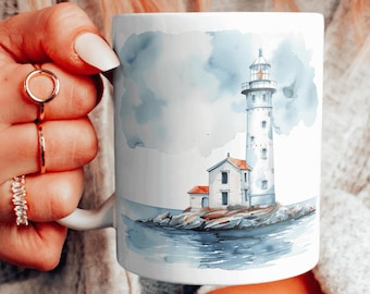 Nautical Ceramic Mug, Ocean Themed Coffee Cup, Ocean Lover Gift, Coastal Teacup, Beach House Decor, Lighthouse Mug, Choose Your Design