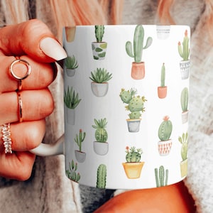 Niedliche Aquarell Kaktus Tasse, Kaktus Design Kaffeetasse, Keramikbecher im westlichen Stil, Kaktus Liebhaber Geschenk, Sukkulenten Liebhaber Geschenk, 11 & 15 oz