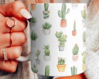 Cute Watercolor Cactus Mug, Cactus Design Coffee Cup, Western Style Ceramic Mug, Cactus Lover Gift, Succulent Lover Gift, 11 & 15 oz