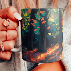 Fall Themed Coffee Cup, Autumn Pattern Ceramic Mug, Fall Colors Mug, Fall Leaves Teacup, Autumn Forest Clearing Mug, Forest Scenery Mug