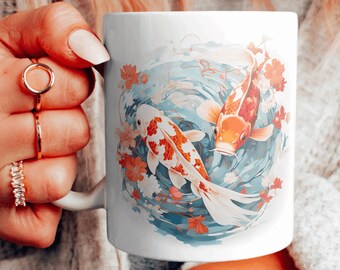 Tazza in ceramica arancione e bianca con carpa koi, tazza da caffè con laghetto koi, tazza da tè con pesce koi acquerello, regalo per gli amanti delle koi, tazza giapponese con carpa koi, scegli il tuo design