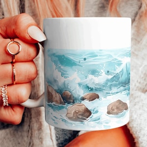 Ocean Waves Nautical Ceramic Mug, Ocean Themed Coffee Cup, Ocean Lover Gift, Coastal Teacup, Beach Lover Gift Mug, Choose Your Design