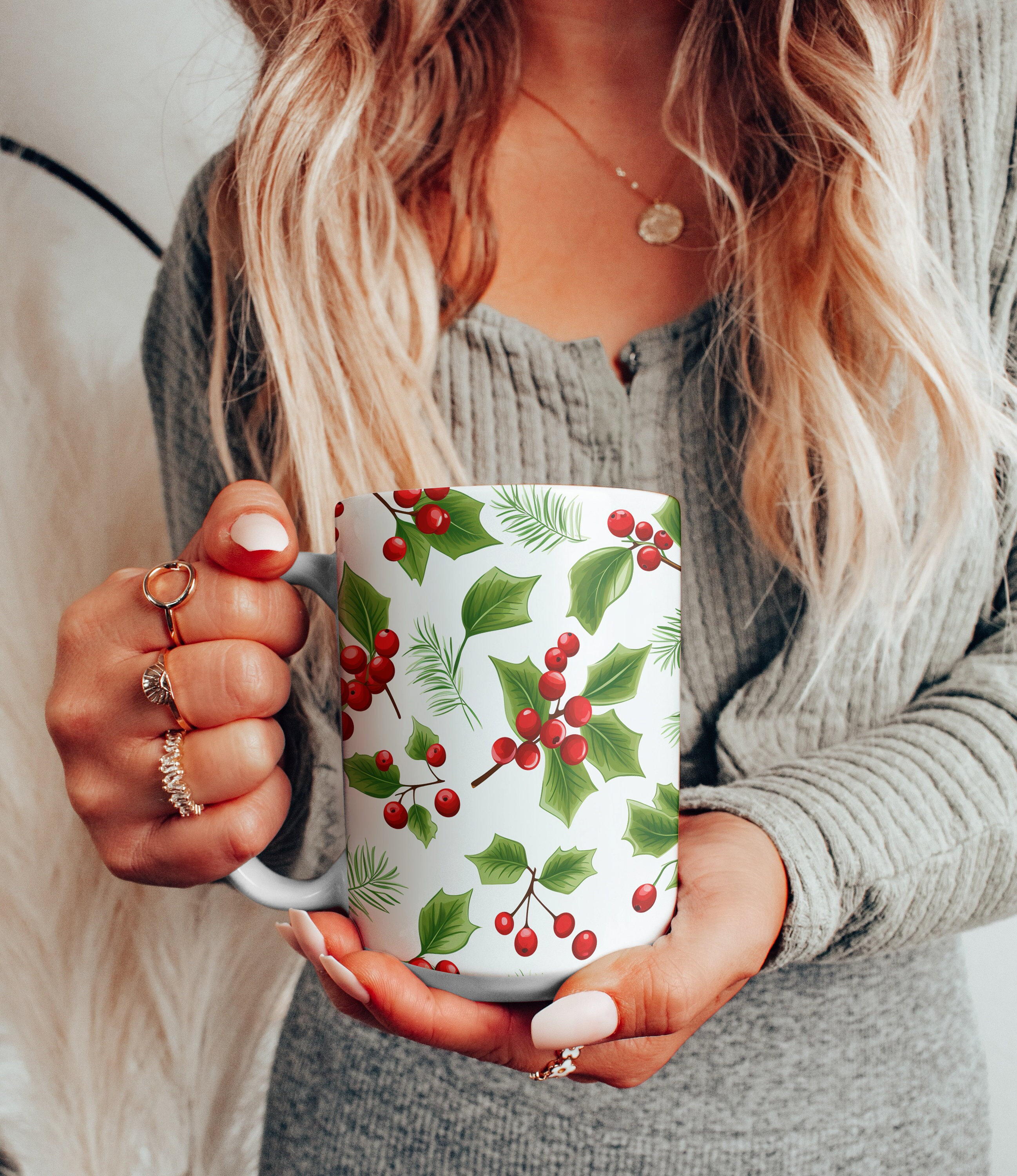 Clear Glass Holly Berry Mugs 12oz by Libbey, Christmas Coffee Mugs