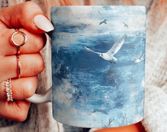 Tazza in ceramica a tema oceano, tazza da caffè con onde blu, regalo per gli amanti dell'oceano, tazza da tè con gabbiani costieri, arredamento per la casa sulla spiaggia, scegli il tuo design