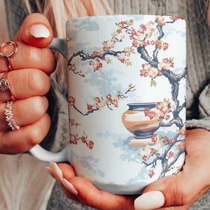 Japanese Style Decor Mug, Sakura Pattern Ceramic Mug, Cherry Tree Branches Coffee Cup, Japanese Tea Mug, Cherry Blossoms Cup, Zen Decor