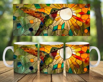 Stained Glass Style Hummingbird Ceramic Mug, Colorful Hummingbird Coffee Cup, Pretty Hummingbird Enthusiast Tea Mug, Bird Watcher Gift