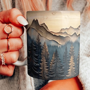 Forest Landscape Ceramic Mug, Rustic Mountain Pines Printed Coffee Cup, Mountain Scenery Teacup, Faux Carved Wood Mug, Choose Your Design