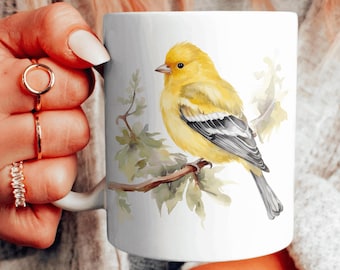 Taza de regalo para amantes de las aves, taza de cerámica para observadores de aves, taza de té con pájaros en acuarela, taza de café con pájaro en rama, taza con jilguero. Elige tu diseño.