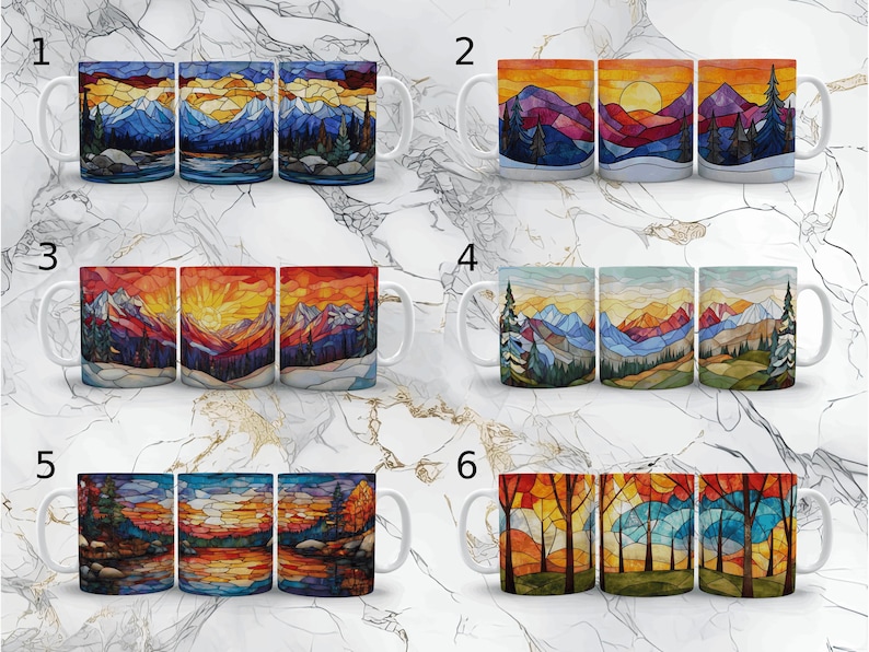 May include: Six different designs of ceramic mugs featuring stained glass style images of mountains, trees, and sunsets. The mugs are white with a handle on the right side.