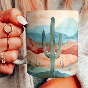 Aquarell Wüste Kaktus Landschaft Becher, Bunte Wüste Landschaft Kaffeetasse, Keramikbecher im westlichen Stil, Kaktus Liebhaber Geschenk, Wählen Sie Ihr Design