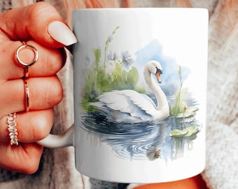 Cute Animal Gift Mug, Animal Lover Coffee Cup, Baby Animal Design Teacup, Watercolor Swan Pond Ceramic Mug, Choose Your Design