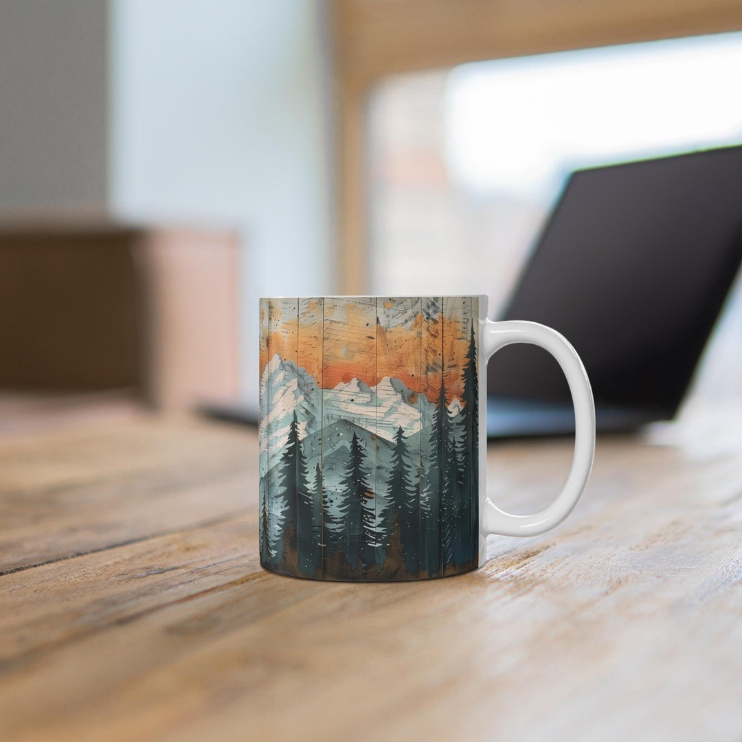 Rustic Wood Panel Style Printed Mountains Ceramic Mug, Mountain ...